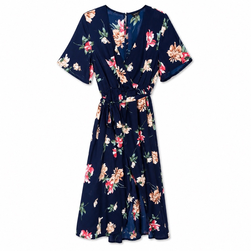 Escalier Floral Wrap Maxi Dress Navy‎ Boho Short Sleeve XL